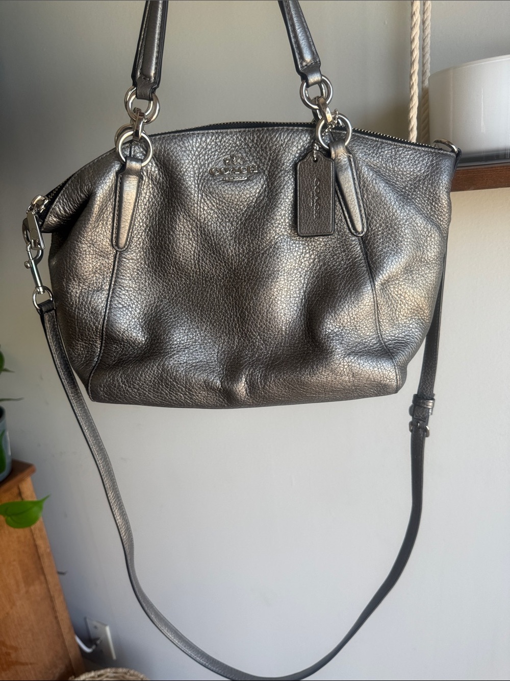Coach Metallic Pebble Leather Shoulder Tote in Gunmetal